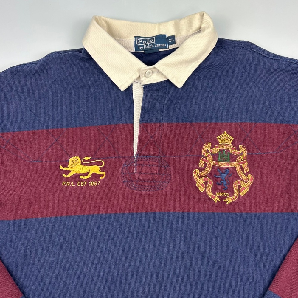 Polo Ralph Lauren Mens XL Rugby Shirt Blue Burgundy Striped Crest Lion Crested - Picture 2 of 11